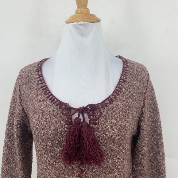 Prana Crochet Trim Sweater Womens S Raisin Stitch Tassle Cotton Tweed Scoop Neck - Picture 3 of 13